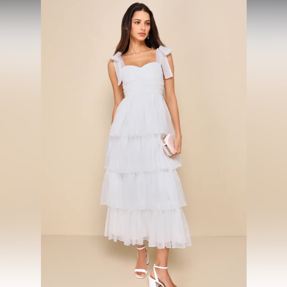 Lulus Radiant Arrival Shiny White Organza Tiered Tie-Strap Maxi Dress